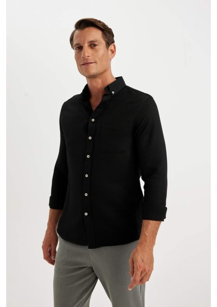 Slim Fit Dar Kesim Polo Yaka Dokulu Uzun Kollu Gömlek