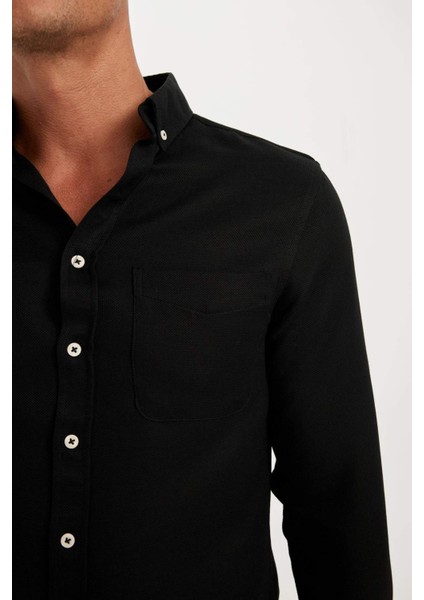 Slim Fit Dar Kesim Polo Yaka Dokulu Uzun Kollu Gömlek