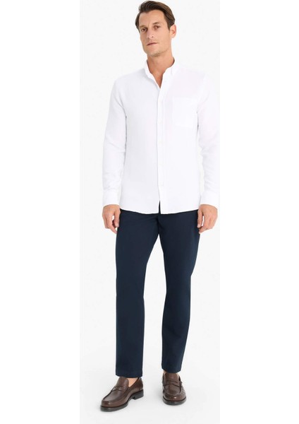 Slim Fit Dar Kesim Polo Yaka Dokulu Uzun Kollu Gömlek