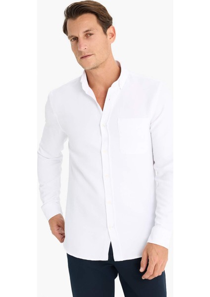 Slim Fit Dar Kesim Polo Yaka Dokulu Uzun Kollu Gömlek