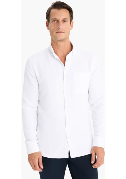 Slim Fit Dar Kesim Polo Yaka Dokulu Uzun Kollu Gömlek