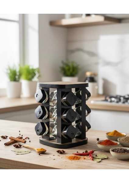 12’li Döner Baharatlık Seti – Cam Kavanozlu, Ahşap Desenli Kapaklı, Şık ve Modern Mutfak Standı