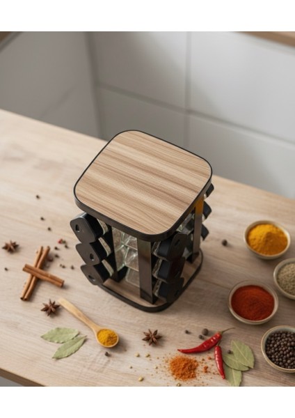 12’li Döner Baharatlık Seti – Cam Kavanozlu, Ahşap Desenli Kapaklı, Şık ve Modern Mutfak Standı modelleri