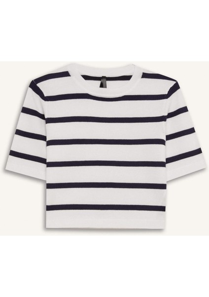 Fitted Bisiklet Yaka Çizgili Kısa Kollu Triko Tişört C2042AX25SP
