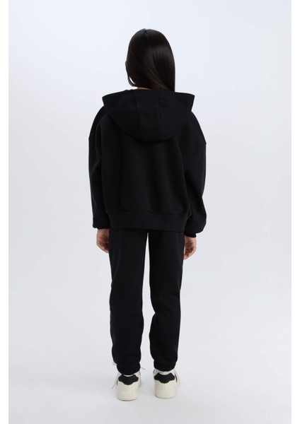 Kız Çocuk 2'li Takım Kapüşonlu Baskılı Sweatshirt Beli Lastikli Jogger Alt