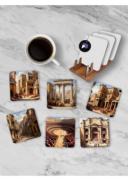 (PSTER21262) Antik Roma Standlı Ahşap Bardak Altlığı Seti, 6 Adet Baskılı Bardak Fincan Kahve Altlığı