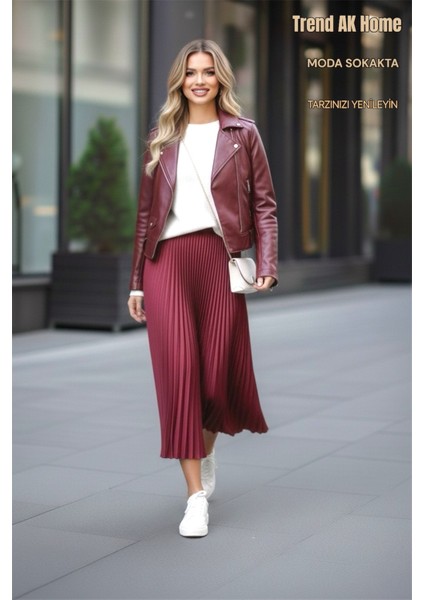 Beli Lastikli Piliseli Etek - Renk Bordo ( Standart Beden )
