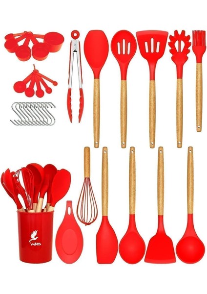 Valletta Mikla Dayanıklı Yanmaz Yapışmaz 33 Parça Silikon Spatula Mutfak Seti Kırmızı fiyatları