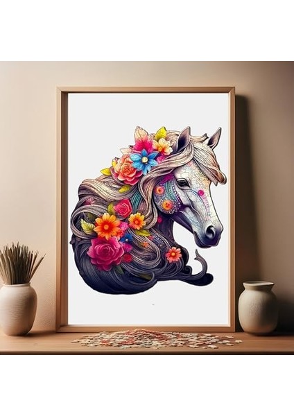 Pinecone - Ahşap Puzzle Yetişkinler Için - Çiçek Yeleli At Figürü Benzersiz Parçalı Puzzle - 210 Parça Ahşap Yapboz - Yapıştırıcı Folyo Dahil - Dekoratif Ahşap Puzzle - 27X29 cm - Wz-09 modelleri