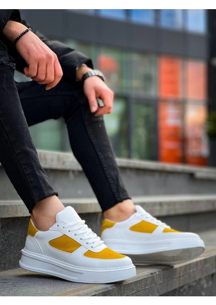Drnds Kb-X8 Kuback Beyaz Cilt Sarı Süet Detaylı Beyaz Yüksek Taban Günlük Spor Ayakkabı (Numara: 41)