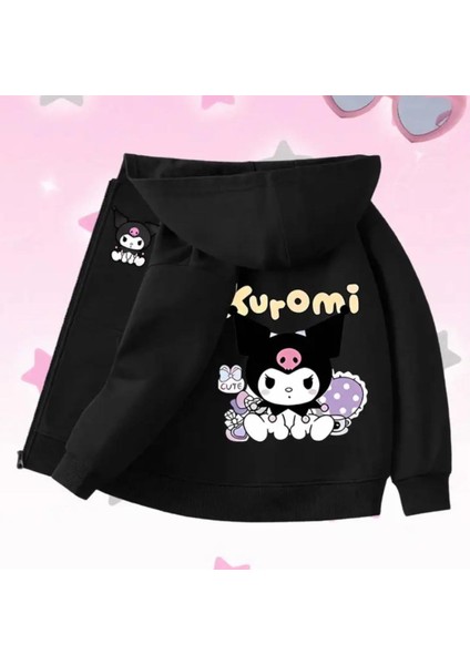 Punıx Kıds Özel Seri Kuromi Sırt ve Ön Baskılı Fermuarlı Kapüşonlu Kışlık Kız Çocuk Sweatshırt