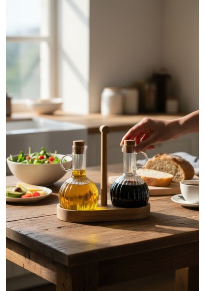 2'li Akasya Standlı Borosilikat Desenli Yağdanlık ve Sirke Şişe Seti 2X300ML