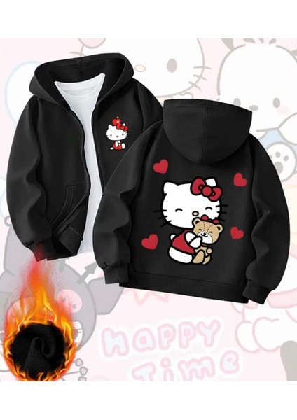 Punıx Kıds Özel Seri Hello Kıtty Sırt ve Ön Baskılı Kapüşonlu Kışlık Kız Çocuk Sweatshırt