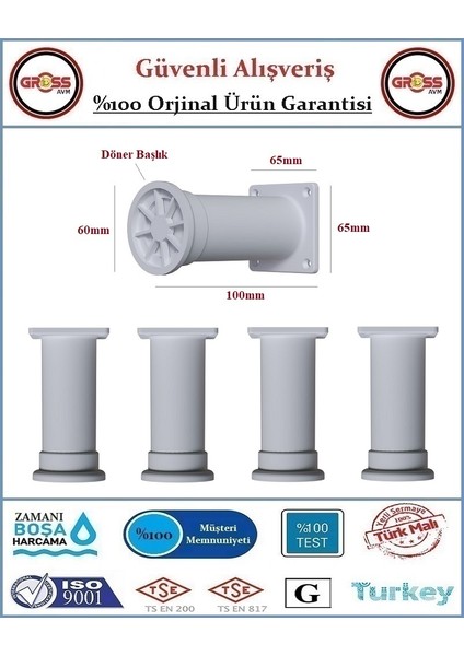 Plastik Ayarlanabilir Mobilya, Dolap Ayağı - 10CM - 4 Adet - Beyaz