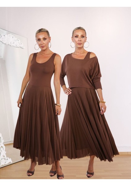 Buketli Kadın Içi Kolsuz Eteği Tül Pliseli Üstü Kısa Bluzlü Iki Parçalı Elbise