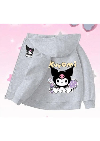 Punıx Kıds Özel Seri Kuromi Sırt ve Ön Baskılı Fermuarlı Kapüşonlu Kışlık Kız Çocuk Sweatshırt
