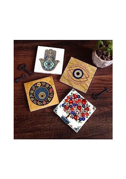 Nazar, Nar Ağacı, Fatma Ana Eli Taş Bardak Altlığı Seti - 4 Parça - Dekoratif, Rustik Mutfak Aksesuarı, 10X10 Cm, Kaydırmaz Tabanlı, Şık ve Dayanıklı SC509 fiyatları