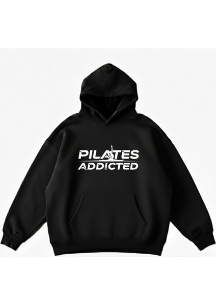 Makiteks Siyah Pamuklu Unisex Cepli Kapüşonlu Rahat Kesim Pilates Addicted Baskılı Sweatshirt