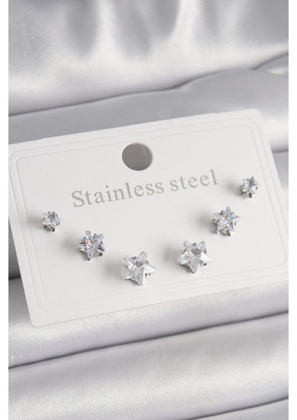 316L Çelik Gümüş Renk Zirkon Taşlı Yıldız Kadın Küpe Seti