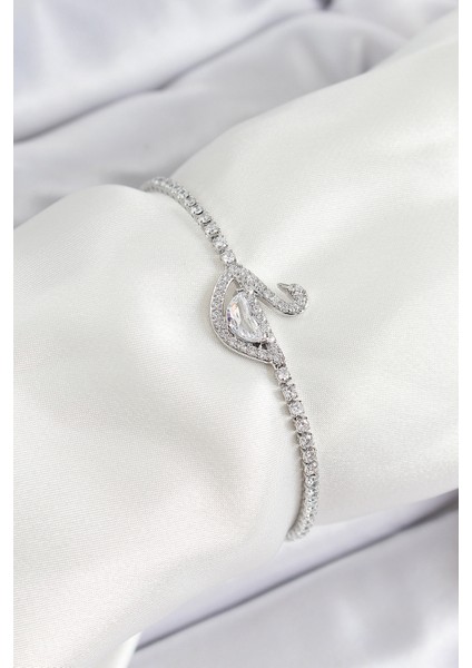 Pirinç Gümüş Renk Zirkon Taşlı Kuğu Kadın Bileklik