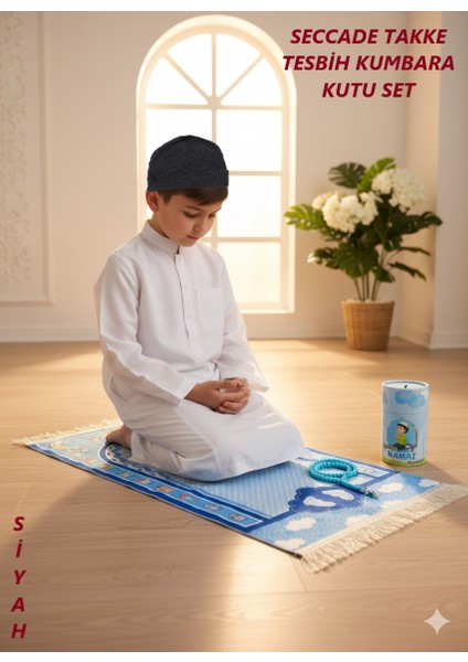 Çocuk Takke Tesbih Kumbara Kutu Seccade Set Erkek Kız Çocuk Seccadesi Namazlık Namaza Alıştırma Hediyelik