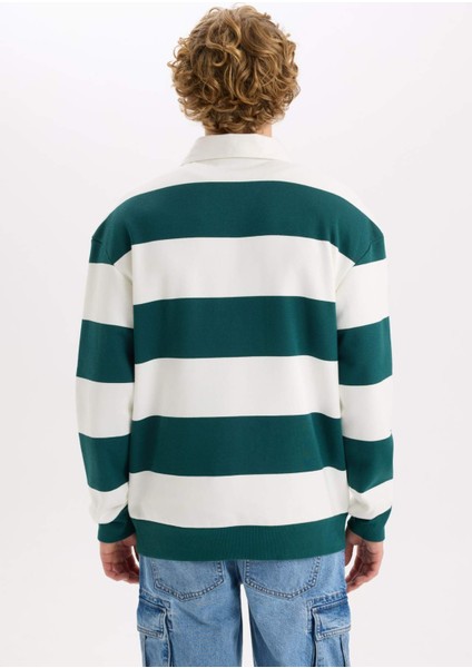Boxy Fit Polo Yaka Çizgili Sweatshirt D1784AX24WN