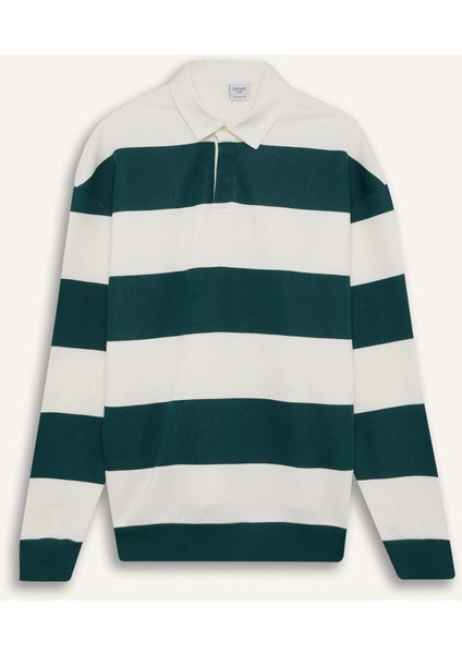 Boxy Fit Polo Yaka Çizgili Sweatshirt D1784AX24WN