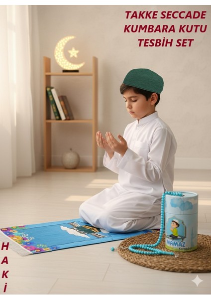 Çocuk Takke Tesbih Kumbara Kutu Seccade Set Erkek Kız Çocuk Seccadesi Namazlık Namaza Alıştırma Hediyelik