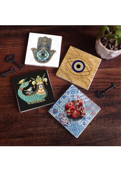Nazar, Şahmeran, Nar, Fatma Ana Eli Taş Bardak Altlığı Seti - 4 Parça - Dekoratif, Rustik Mutfak Aksesuarı, 10X10 Cm, Kaydırmaz Tabanlı, Şık ve Dayanıklı SC507