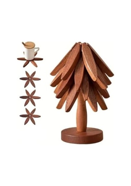 Ahşap Ağaç Şekilli 3 Lü Bardak Altlığı Seti - Istiflenebilir Dekoratif Altlık Standı ile Premium Masa Koruyucu Set (Akasya Renk)