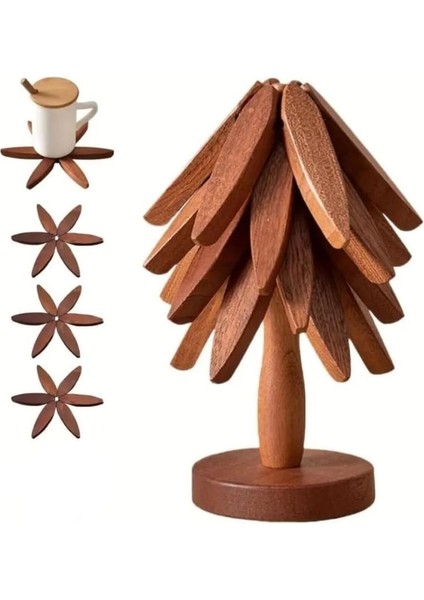 Ahşap Ağaç Şekilli 3 Lü Bardak Altlığı Seti - Istiflenebilir Dekoratif Altlık Standı ile Premium Masa Koruyucu Set (Akasya Renk) fiyatları