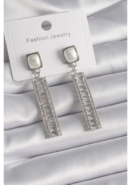 Pirinç Gümüş Renk Kare Inci Zirkon Taşlı Su Yolu Kadın Küpe