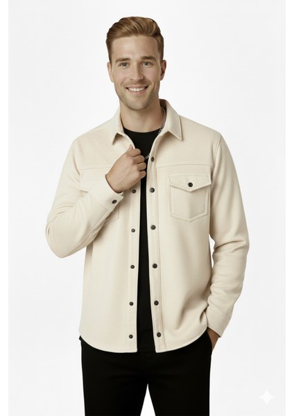 Erkek Krem Kırışmayan Süet Kumaş ÇıtÇıtlı Cepli Slim Fit Mevsimlik Gömlek 2302329