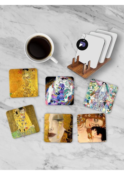 (PSTER21248) Gustav Klimt Temalı Standlı Ahşap Bardak Altlığı Seti, 6 Adet Baskılı Bardak Fincan Kahve Altlığı