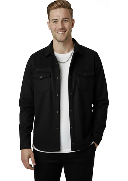 Erkek Siyah Kırışmayan Süet Kumaş ÇıtÇıtlı Cepli Slim Fit Mevsimlik Gömlek 2302329