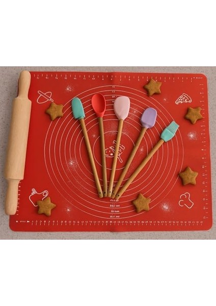 Büyük Boy Silikon Hamur Matı ile Birlikte Ahşap Saplı 5"li Spatula Seti Kolay Kullanım fiyatları