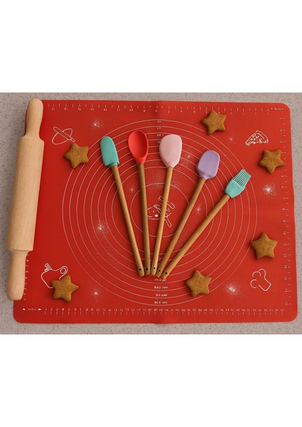 Büyük Boy Silikon Hamur Matı ile Birlikte Ahşap Saplı 5"li Spatula Seti Kolay Kullanım modelleri