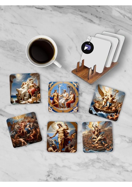 (PSTER21281) Antik Yunan Mitolojisi Standlı Ahşap Bardak Altlığı Seti, 6 Adet Baskılı Bardak Fincan Kahve Altlığı