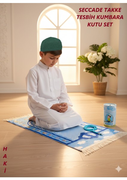 Çocuk Takke Tesbih Kumbara Kutu Seccade Set Erkek Kız Çocuk Seccadesi Namazlık Namaza Alıştırma Hediyelik