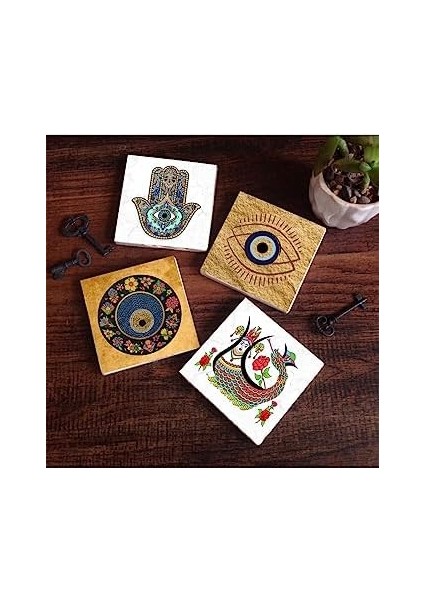 Nazar, Şahmeran, Fatma Ana Eli Taş Bardak Altlığı Seti - 4 Parça - Dekoratif, Rustik Mutfak Aksesuarı, 10X10 Cm, Kaydırmaz Tabanlı, Şık ve Dayanıklı SC510 fiyatları