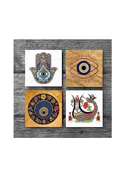 Nazar, Şahmeran, Fatma Ana Eli Taş Bardak Altlığı Seti - 4 Parça - Dekoratif, Rustik Mutfak Aksesuarı, 10X10 Cm, Kaydırmaz Tabanlı, Şık ve Dayanıklı SC510 modelleri