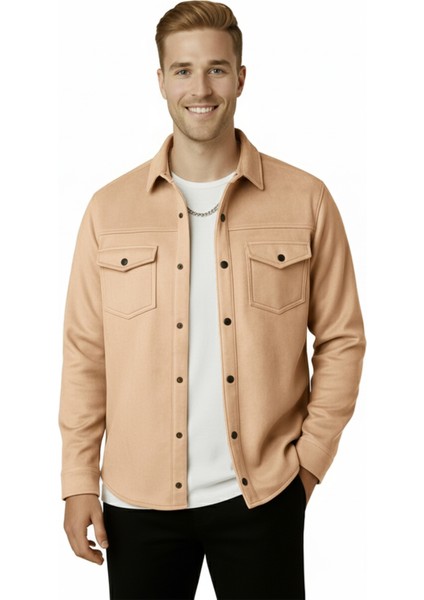 Erkek Camel Kırışmayan Süet Kumaş ÇıtÇıtlı Cepli Slim Fit Mevsimlik Gömlek 2302329