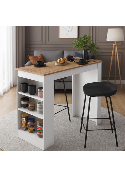 Bar Masası 3 Raflı Yüksek Mutfak Yemek Masası, Sepet, Ceviz – Beyaz, 1. Sınıf Mdf