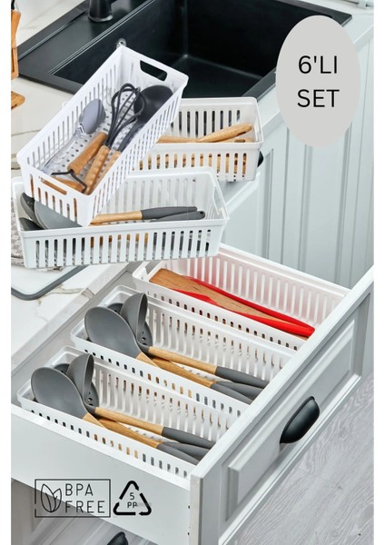 6'lı Set Kaşıklık ve Kepçelik Çekmece Içi Düzenleyici / Beyaz