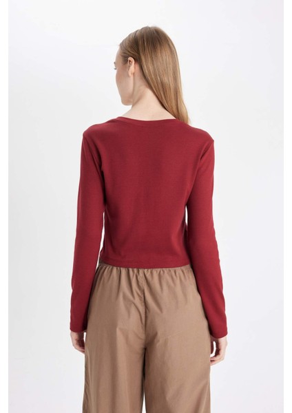 Coool Fitted Bisiklet Yaka Ribana Basic Düz Uzun Kollu Tişört C8190AX24AU