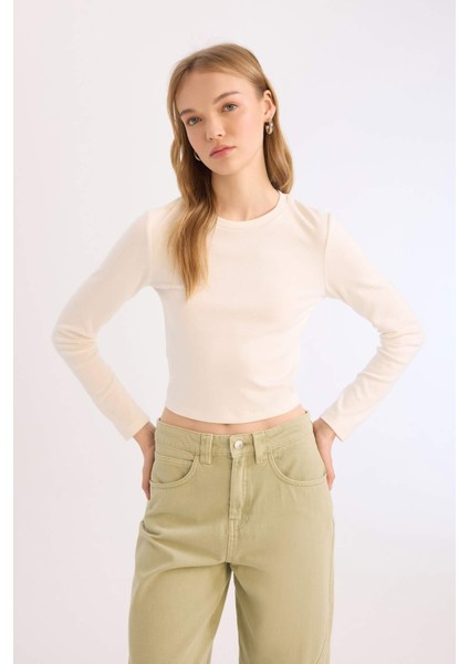 Coool Fitted Bisiklet Yaka Ribana Basic Düz Uzun Kollu Beyaz Tişört