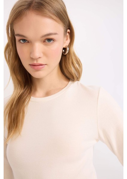 Coool Fitted Bisiklet Yaka Ribana Basic Düz Uzun Kollu Beyaz Tişört