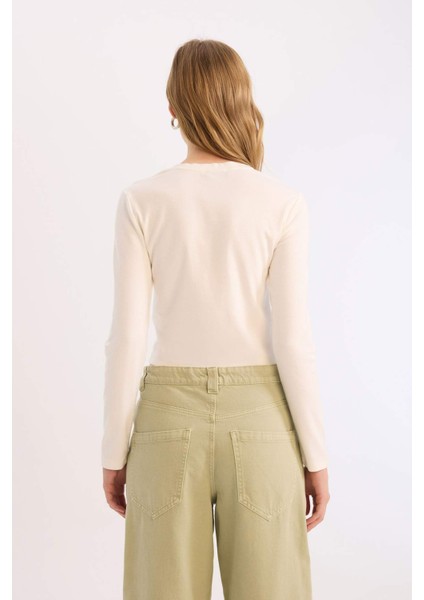 Coool Fitted Bisiklet Yaka Ribana Basic Düz Uzun Kollu Beyaz Tişört