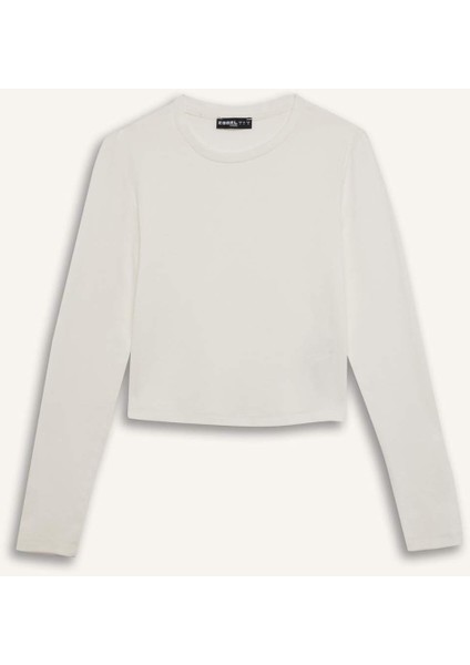 Coool Fitted Bisiklet Yaka Ribana Basic Düz Uzun Kollu Beyaz Tişört