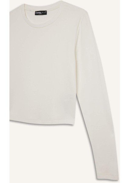 Coool Fitted Bisiklet Yaka Ribana Basic Düz Uzun Kollu Beyaz Tişört